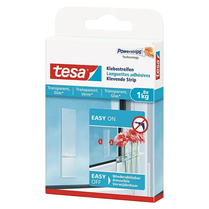 Tesa Klebestreifen - Geeignet für: Glas, Belastbarkeit: 1 kg, 8 Stk., Transparent - Diagonale Ansicht