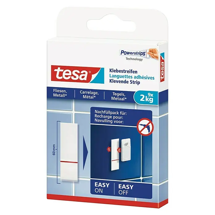 Tesa Klebestreifen - Geeignet für: Fliesen, Belastbarkeit: 2 kg, 9 Stk., Weiß - Diagonale Ansicht