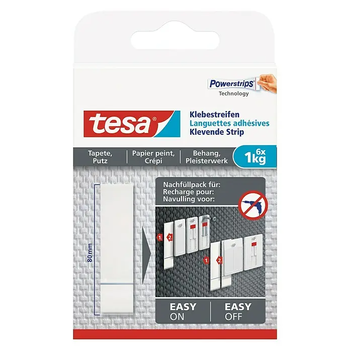 Tesa Klebestreifen - Geeignet für: Tapeten, Belastbarkeit: 1 kg, 6 Stk., Weiß - Vorderansicht