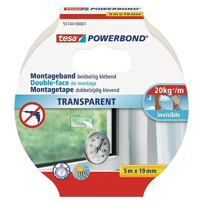 Tesa Powerbond Montageband Transparent - 5 m x 19 mm, Beidseitig selbstklebend - Vorderansicht