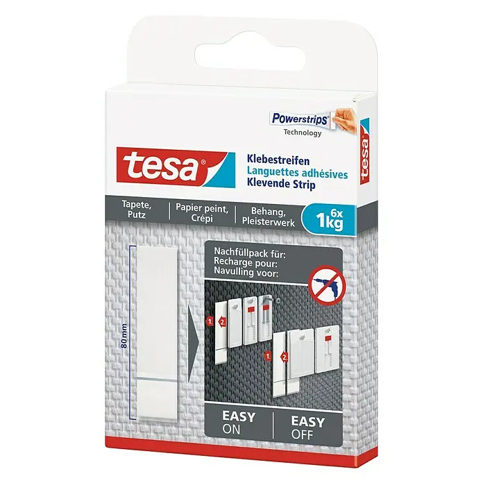 Tesa Klebestreifen - Geeignet für: Tapeten, Belastbarkeit: 1 kg, 6 Stk., Weiß - Diagonale Ansicht