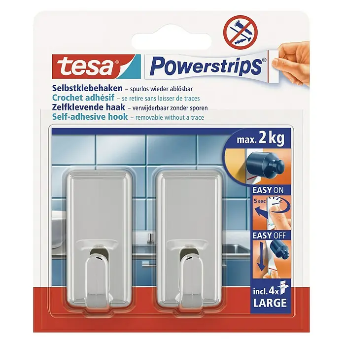 Tesa Powerstrips Selbstklebehaken - Größe: L, Chrom, 2 Stk. - Vorderansicht