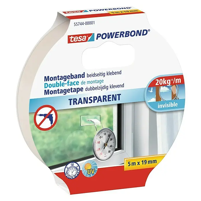 Tesa Powerbond Montageband Transparent - 5 m x 19 mm, Beidseitig selbstklebend - Diagonale Ansicht