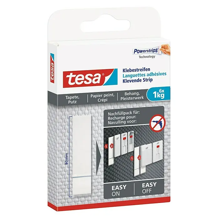Tesa Klebestreifen - Geeignet für: Tapeten, Belastbarkeit: 1 kg, 6 Stk., Weiß - Diagonale Ansicht