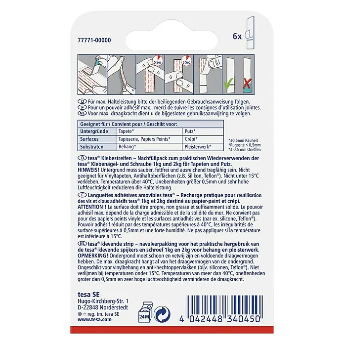 Tesa Klebestreifen - Geeignet für: Tapeten, Belastbarkeit: 1 kg, 6 Stk., Weiß - Rückansicht