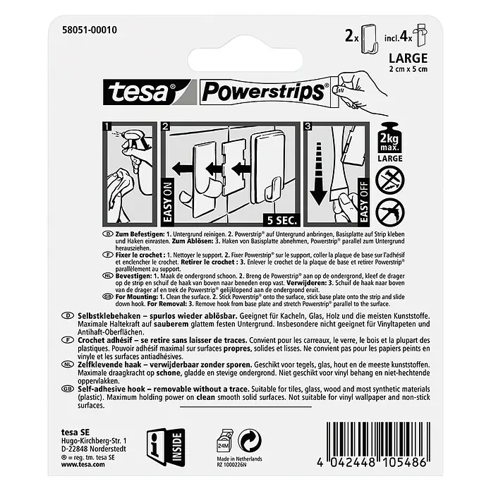 Tesa Powerstrips Selbstklebehaken - Größe: L, Chrom, 2 Stk. - Rückansicht