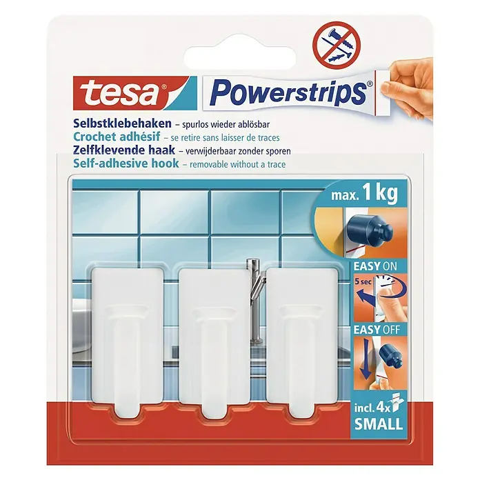 Tesa Powerstrips Selbstklebehaken - Größe: S, Weiß, 3 Stk. - Vorderansicht
