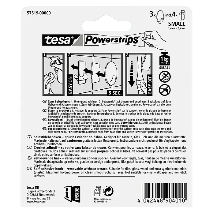 Tesa Powerstrips Selbstklebehaken - Oval, Größe: S, Chrom matt, 3 Stk. - Rückansicht