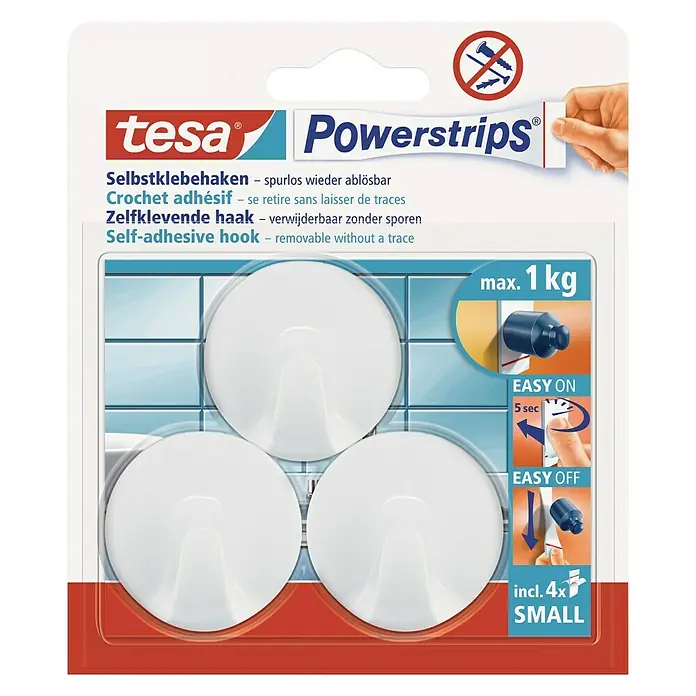 Tesa Powerstrips Selbstklebehaken - Rund, Größe: S, Weiß, 3 Stk. - Vorderansicht