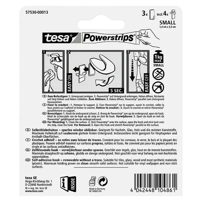 Tesa Powerstrips Selbstklebehaken - Größe: S, Weiß, 3 Stk. - Rückansicht