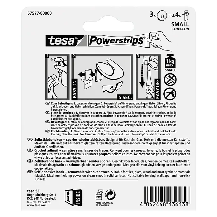 Tesa Powerstrips Selbstklebehaken - Rund, Größe: S, Weiß, 3 Stk. - Rückansicht