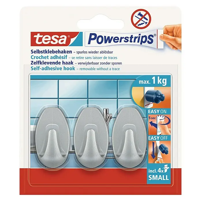 Tesa Powerstrips Selbstklebehaken - Oval, Größe: S, Chrom matt, 3 Stk. - Vorderansicht