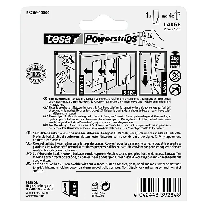 Tesa Powerstrips Selbstklebehaken - Rechteckig, Größe: L, Metallic, 1 Stk. - Rückansicht