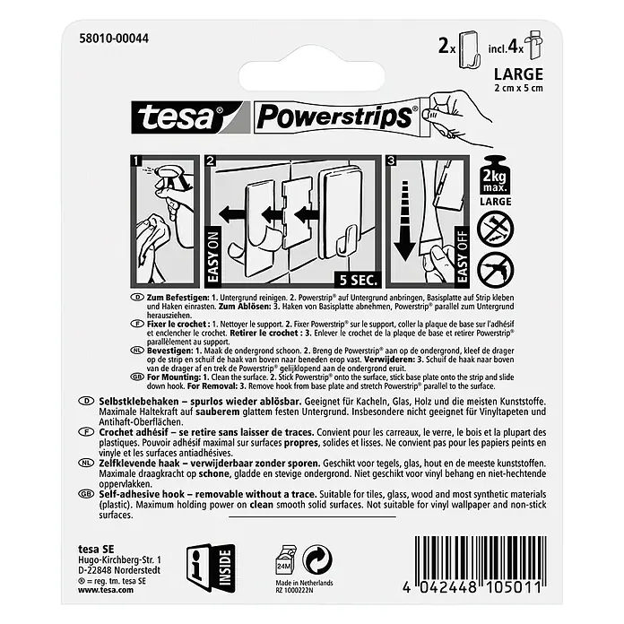Tesa Powerstrips Selbstklebehaken - Größe: L, Weiß, 2 Stk. - Rückansicht