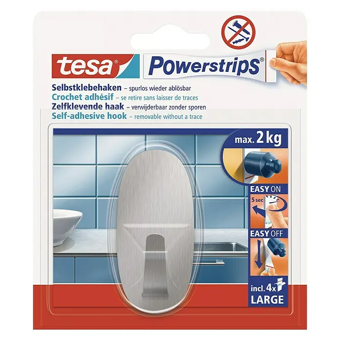 Tesa Powerstrips Selbstklebehaken - Oval, Größe: L, Metallic, 1 Stk. - Vorderansicht