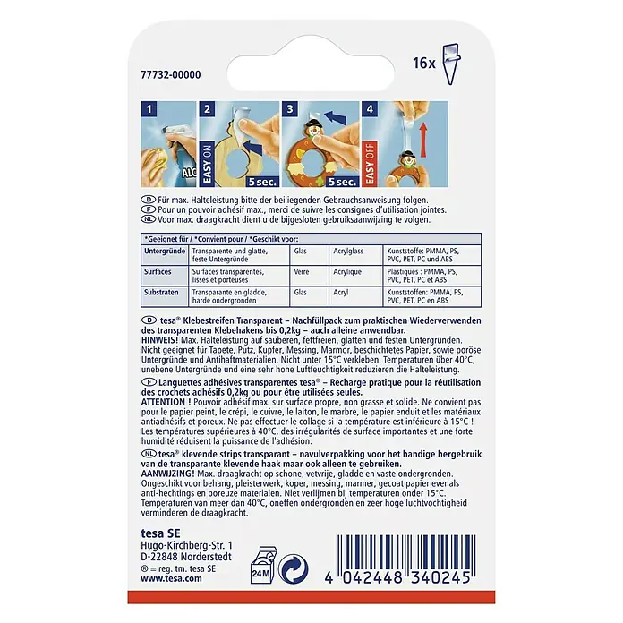 Tesa Klebestreifen - Geeignet für: Glas, Belastbarkeit: 0,2 kg, 16 Stk., Transparent - Rückansicht