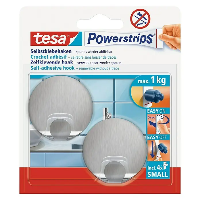 Tesa Powerstrips Selbstklebehaken - Rund, Größe: S, Metallic, 2 Stk. - Vorderansicht