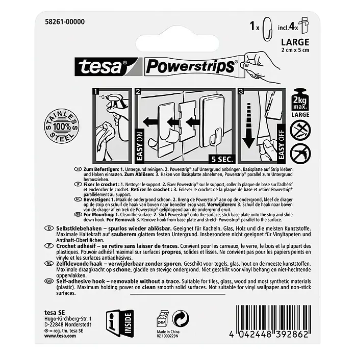 Tesa Powerstrips Selbstklebehaken - Oval, Größe: L, Metallic, 1 Stk. - Rückansicht