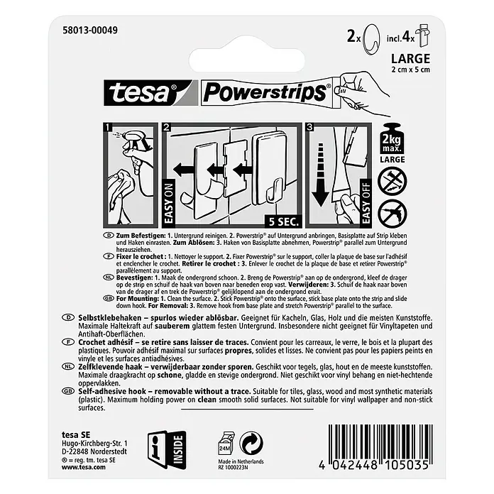 Tesa Powerstrips Selbstklebehaken - Oval, Größe: L, Weiß, 2 Stk. - Rückansicht