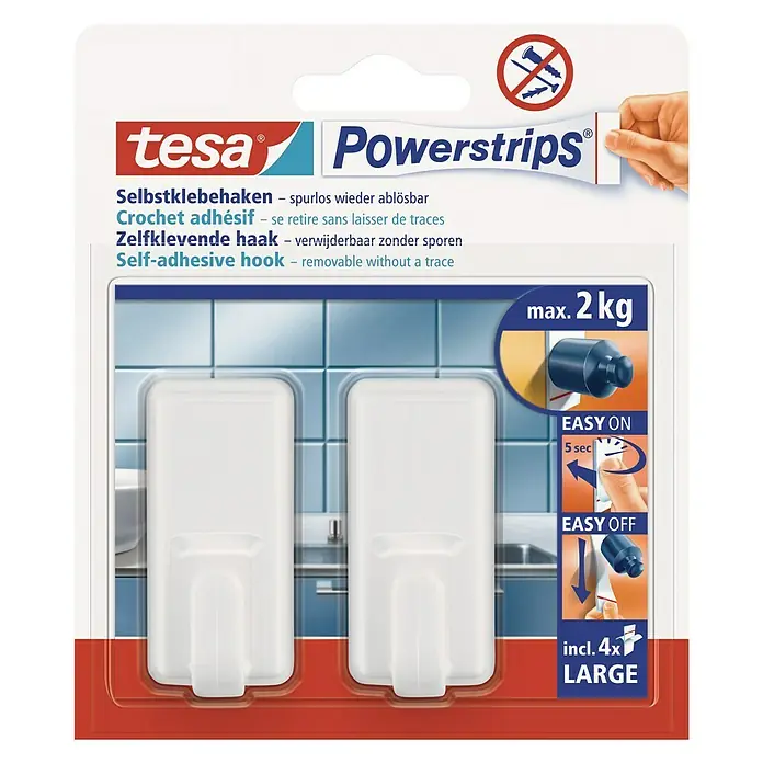 Tesa Powerstrips Selbstklebehaken - Größe: L, Weiß, 2 Stk. - Vorderansicht