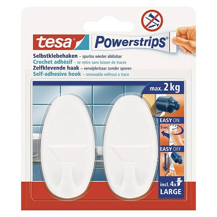 Tesa Powerstrips Selbstklebehaken - Oval, Größe: L, Weiß, 2 Stk. - Vorderansicht