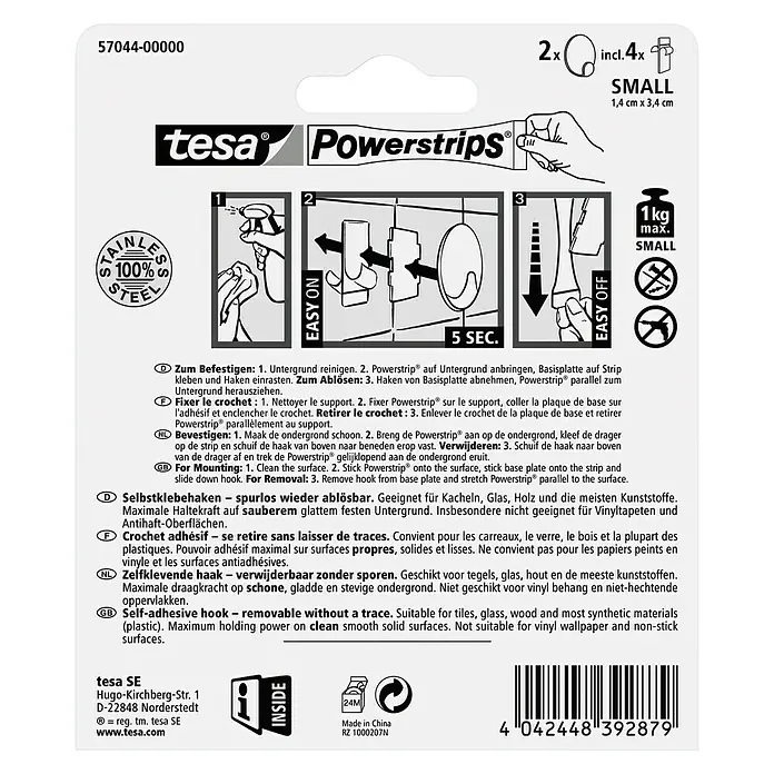 Tesa Powerstrips Selbstklebehaken - Rund, Größe: S, Metallic, 2 Stk. - Rückansicht