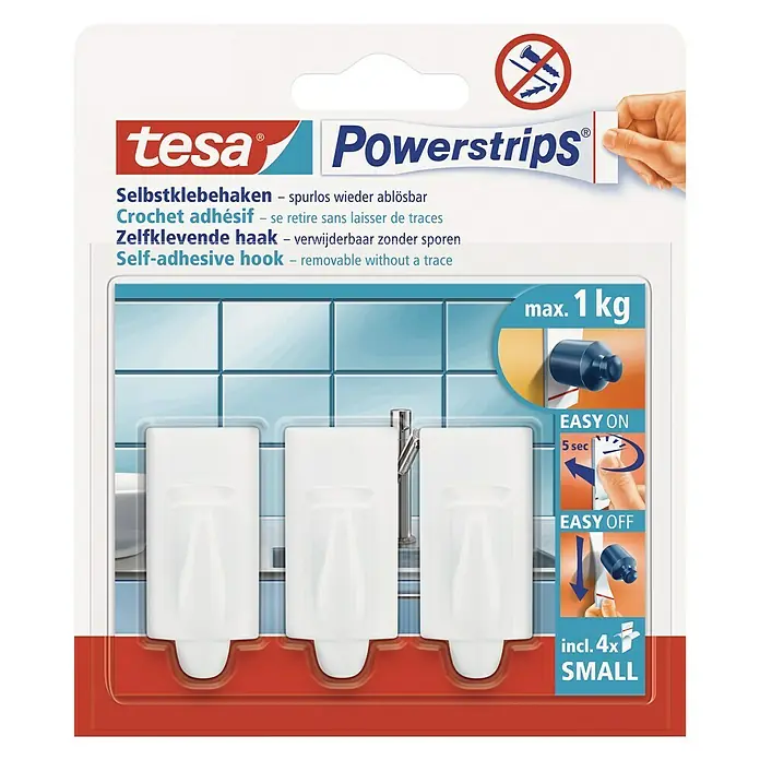 Tesa Powerstrips Selbstklebehaken - Rechteckig, Größe: S, Weiß, 3 Stk. - Vorderansicht
