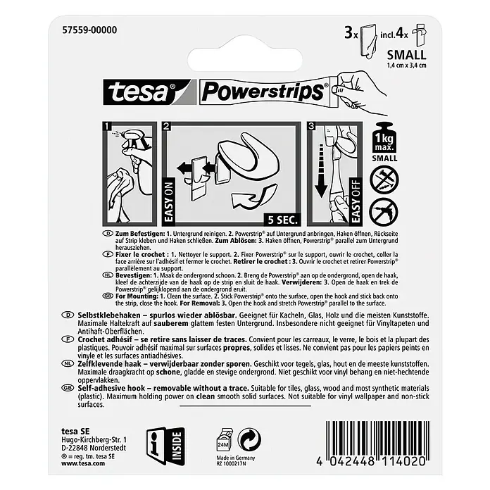 Tesa Powerstrips Selbstklebehaken - Rechteckig, Größe: S, Weiß, 3 Stk. - Rückansicht