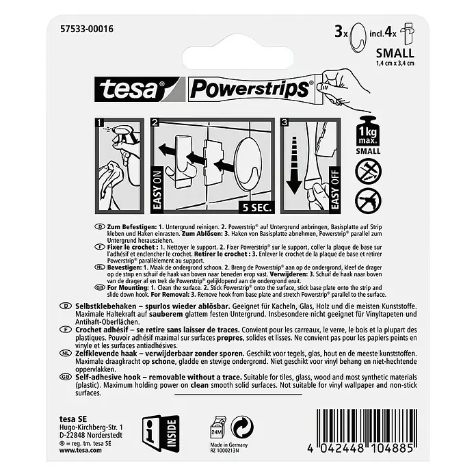 Tesa Powerstrips Selbstklebehaken - Oval, Größe: S, Weiß, 3 Stk. - Rückansicht