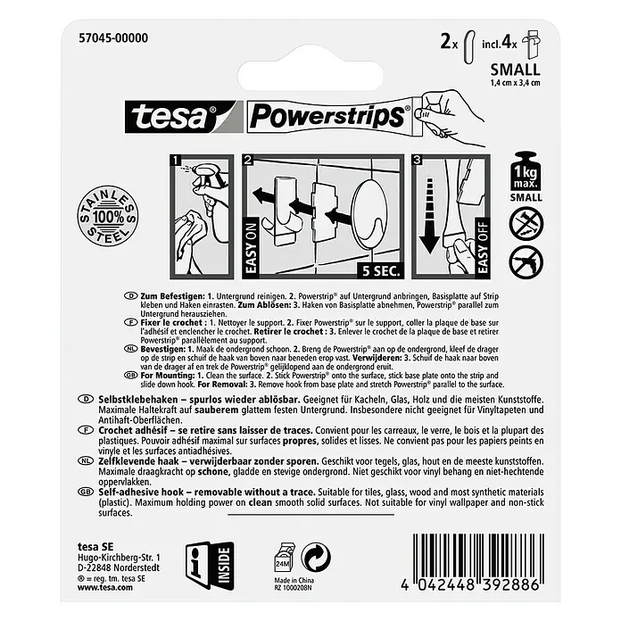 Tesa Powerstrips Selbstklebehaken - Größe: S, Metallic, 2 Stk. - Rückansicht