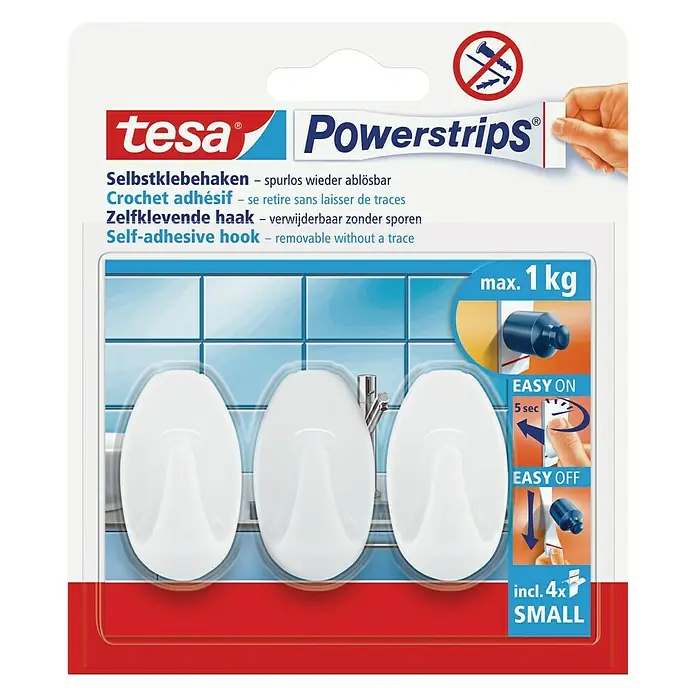 Tesa Powerstrips Selbstklebehaken - Oval, Größe: S, Weiß, 3 Stk. - Vorderansicht