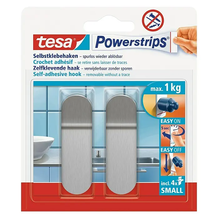 Tesa Powerstrips Selbstklebehaken - Größe: S, Metallic, 2 Stk. - Vorderansicht