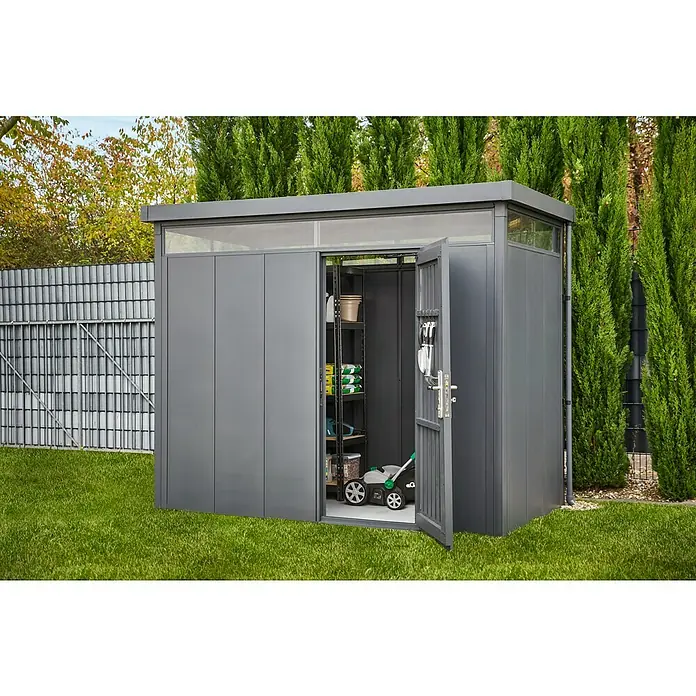 Gardol Gerätehaus Pure Line - Außenbreite inkl. Dachüberstand: 274 cm, Außentiefe inkl. Dachüberstand: 154 cm, Metall, Anthrazit - Stimmungsaufnahme