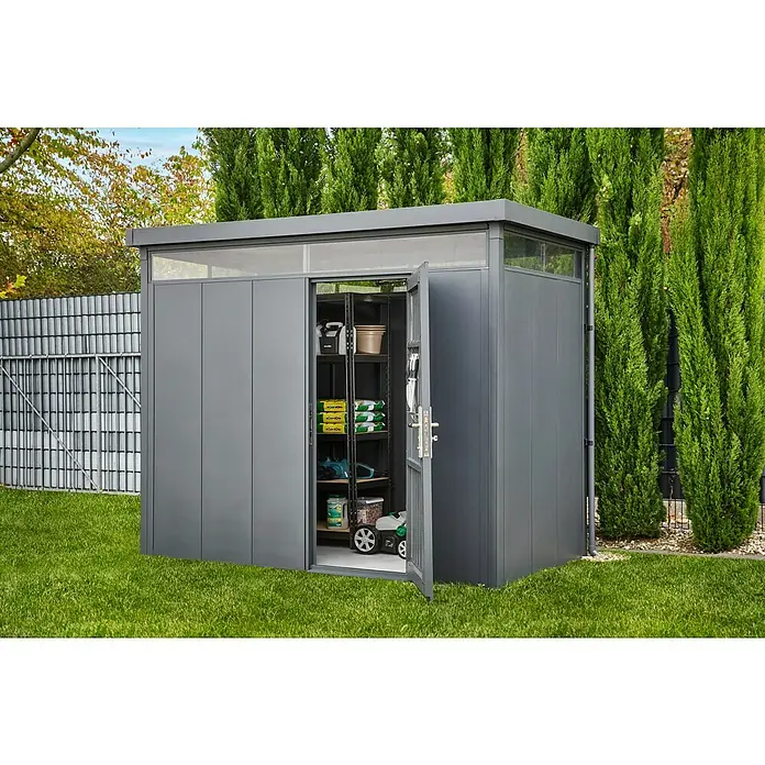 Gardol Gerätehaus Pure Line - Außenbreite inkl. Dachüberstand: 274 cm, Außentiefe inkl. Dachüberstand: 154 cm, Metall, Anthrazit - Stimmungsaufnahme