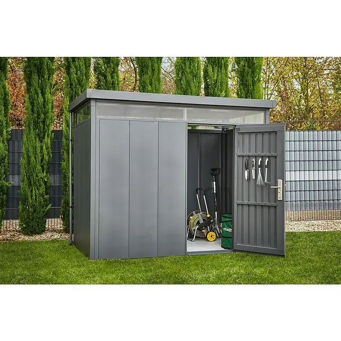 Gardol Gerätehaus Pure Line - Außenbreite inkl. Dachüberstand: 274 cm, Außentiefe inkl. Dachüberstand: 154 cm, Metall, Anthrazit - Stimmungsaufnahme