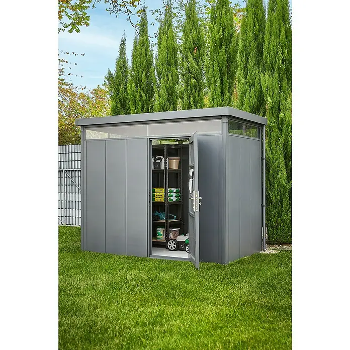 Gardol Gerätehaus Pure Line - Außenbreite inkl. Dachüberstand: 274 cm, Außentiefe inkl. Dachüberstand: 154 cm, Metall, Anthrazit - Stimmungsaufnahme