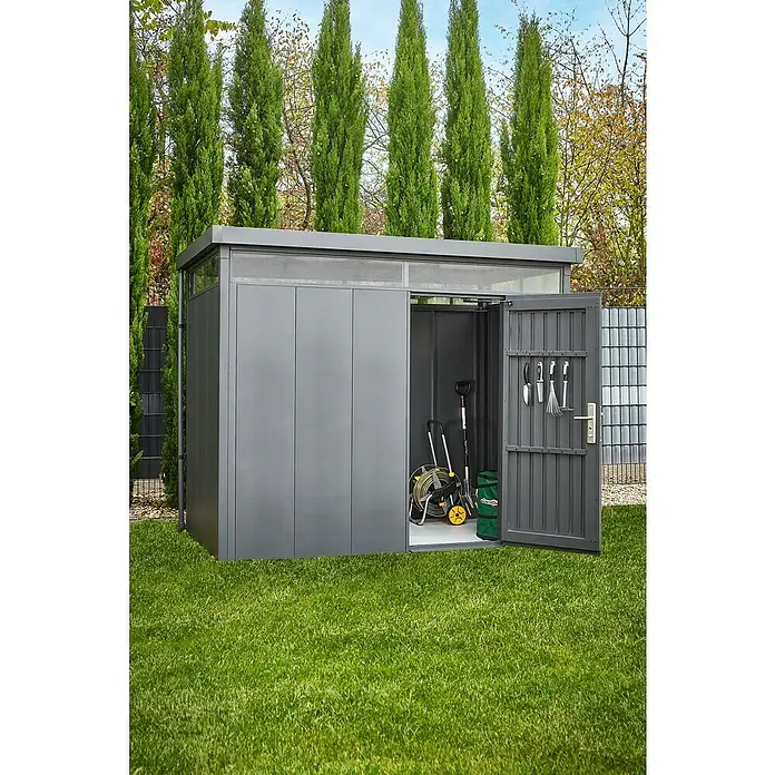 Gardol Gerätehaus Pure Line - Außenbreite inkl. Dachüberstand: 274 cm, Außentiefe inkl. Dachüberstand: 154 cm, Metall, Anthrazit - Stimmungsaufnahme