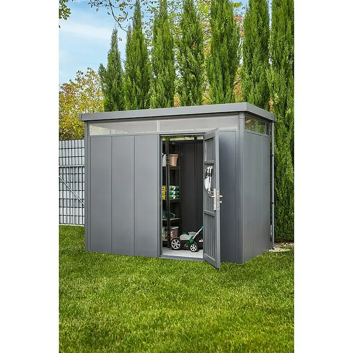 Gardol Gerätehaus Pureline - Außenbreite inkl. Dachüberstand: 274 cm, Außentiefe inkl. Dachüberstand: 154 cm, Metall, Anthrazit - Stimmungsaufnahme