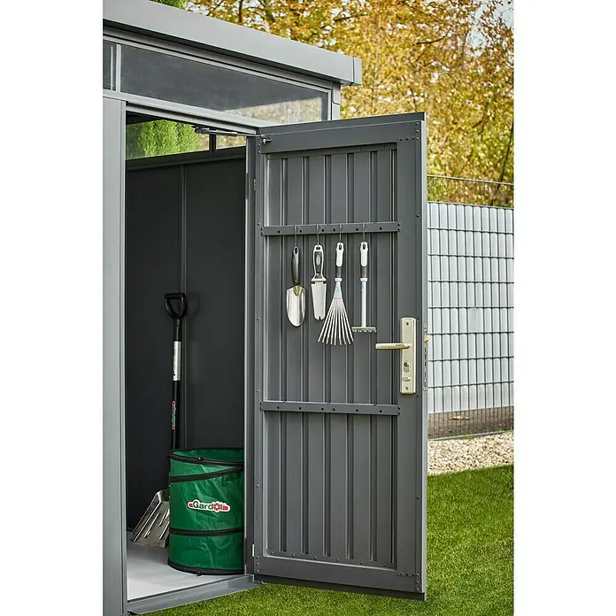 Gardol Gerätehaus Pureline - Außenbreite inkl. Dachüberstand: 274 cm, Außentiefe inkl. Dachüberstand: 154 cm, Metall, Anthrazit - Stimmungsaufnahme