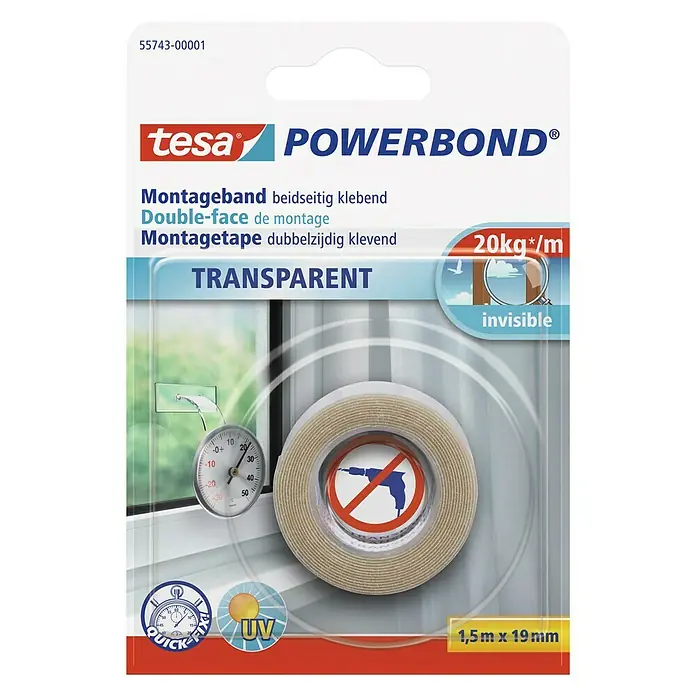 Tesa Powerbond Montageband Transparent - 1,5 m x 19 mm, Beidseitig selbstklebend - Vorderansicht
