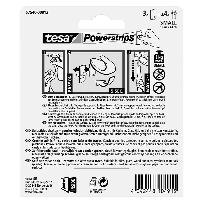 Tesa Powerstrips Selbstklebehaken - Größe: S, Chrom, 3 Stk. - Rückansicht
