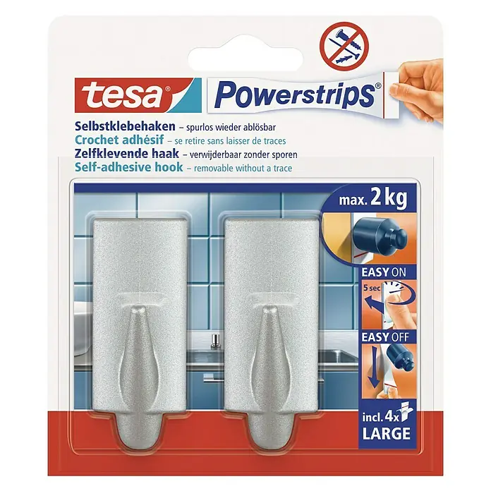 Tesa Powerstrips Selbstklebehaken - Rechteckig, Größe: L, Chrom matt, 2 Stk. - Vorderansicht
