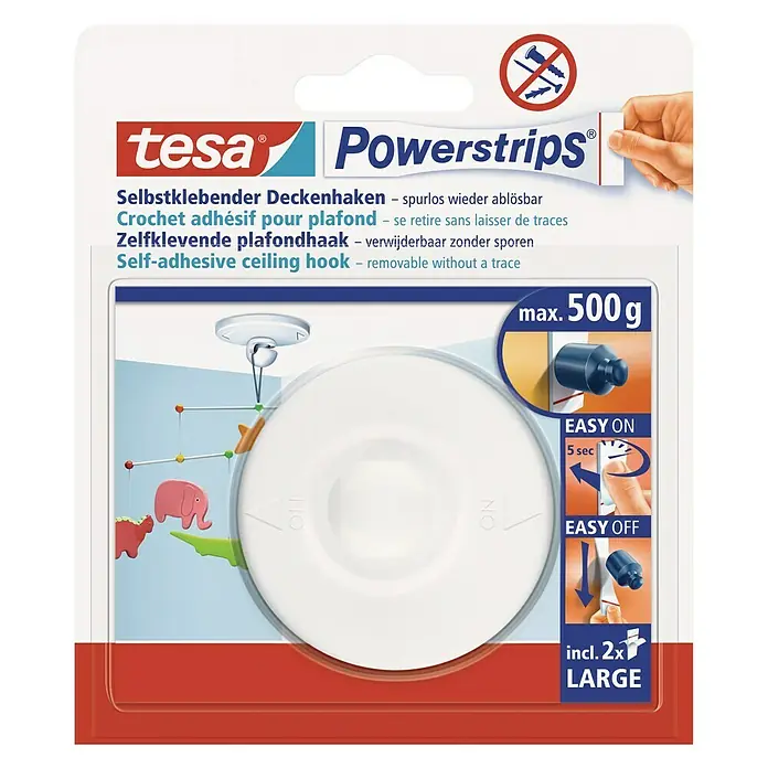 Tesa Powerstrips Deckenhaken - Selbstklebend, Weiß, 1 Stk. - Vorderansicht