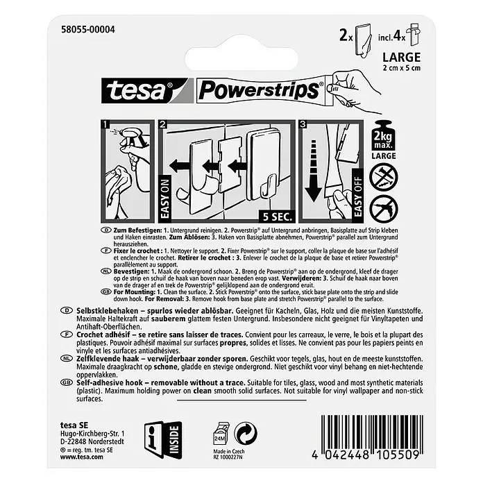 Tesa Powerstrips Selbstklebehaken - Rechteckig, Größe: L, Chrom matt, 2 Stk. - Rückansicht