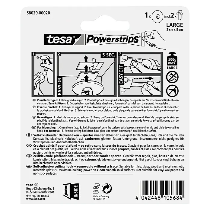 Tesa Powerstrips Deckenhaken - Selbstklebend, Weiß, 1 Stk. - Rückansicht