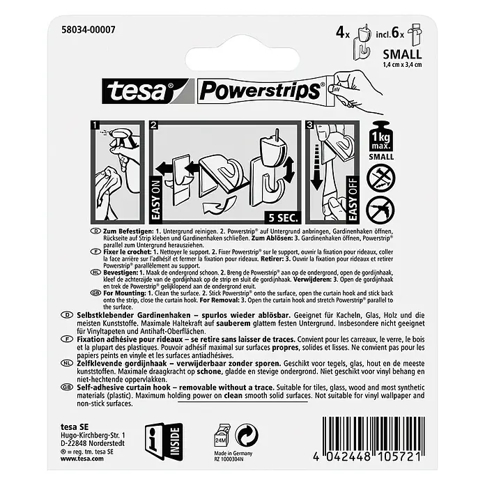 Tesa Powerstrips Gardinenhaken Vario - Selbstklebend, Weiß, Größe: S, 4 Stk. - Rückansicht
