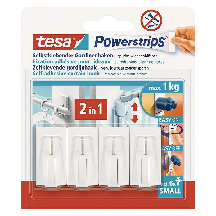 Tesa Powerstrips Gardinenhaken Vario - Selbstklebend, Weiß, Größe: S, 4 Stk. - Vorderansicht