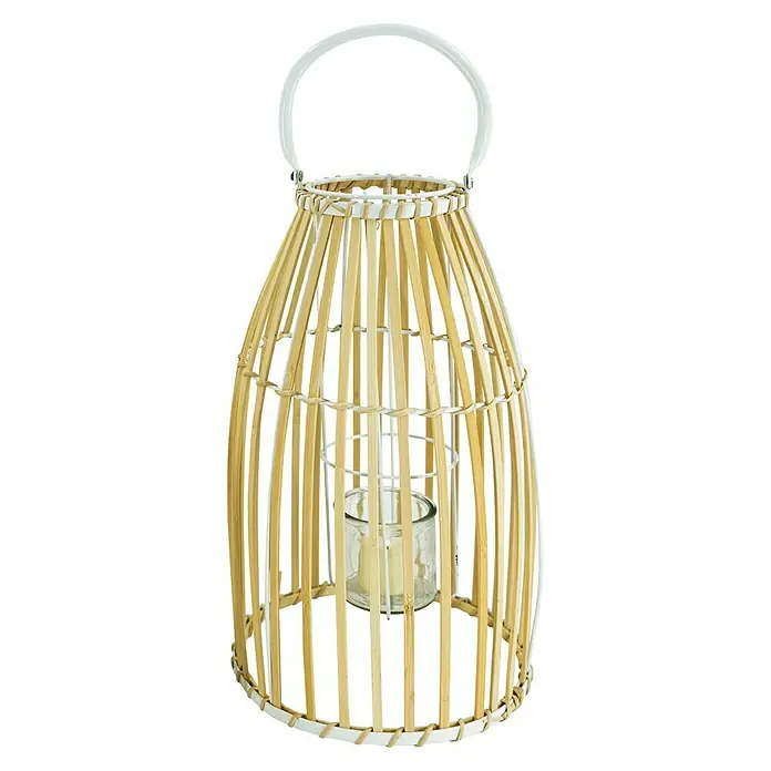Laterne Bambus - Ø x H: 25 x 44 cm, Natur/Weiß - Vorderansicht