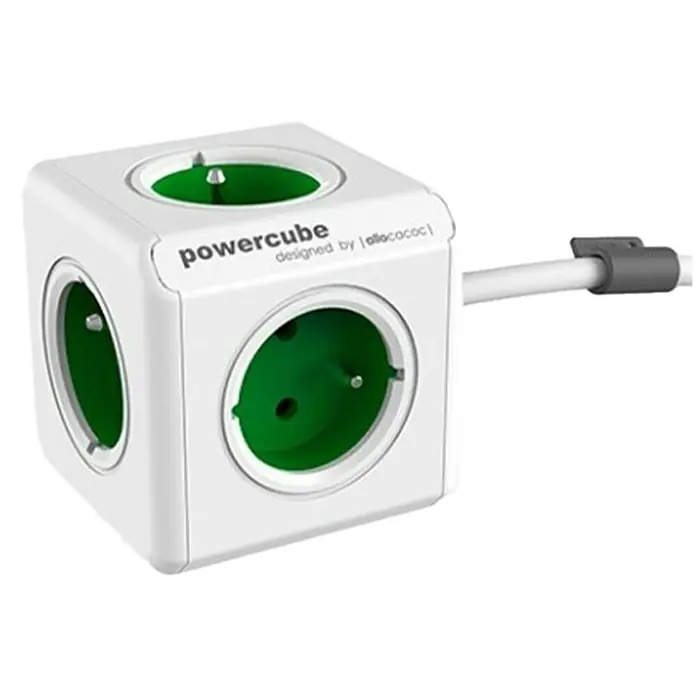 Base de enchufe múltiple Powercube - x 5, Blanco/Verde, Longitud del cable: 1,5 m - Primer plano