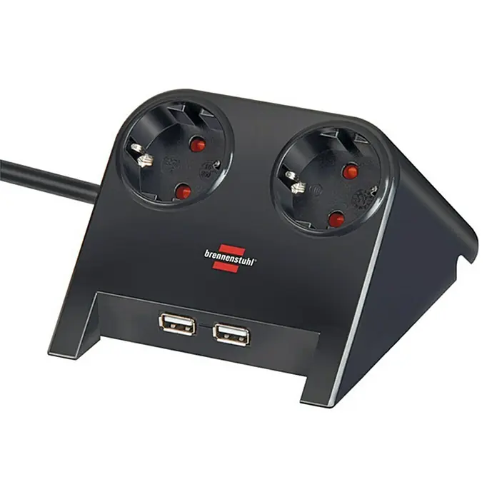 Brennenstuhl Desktop-Power Stekkerdoos met USB - Zwart - Diagonaal zicht